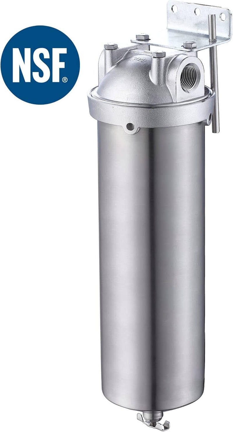 Amwater NSF/ANSI 42 Stainless Steel Whole House Water Filter Housing, 10" x 2.5" Sediment Water Filter System for Heavy Duty, Well & City Water, 3/4" NPT Port, Drain Valve Style A - Image 1